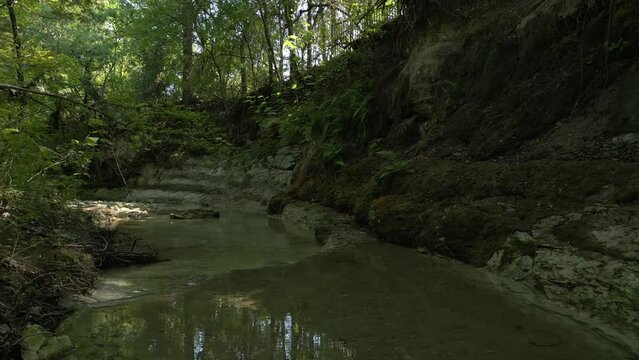 Beautiful view of woods in Lost Creek in Allen TX with river, rocks and light falling from trees