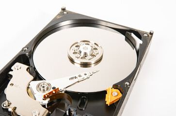 Close up of a hard drive from a computer. white background image