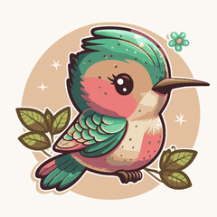 Vector illustration of a cute colorful bird with leaves