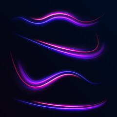 Luminous bright background. High speed effect motion blur night lights blue and red. Magic shining neon light line trails. Purple glowing wave swirl, impulse cable lines. Long time exposure. Vector	