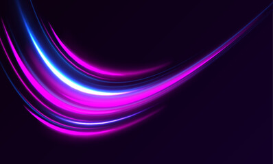 Dynamic composition of bright lines forming lights track of speed movement, futuristic dark background with neon glow, graphic design element