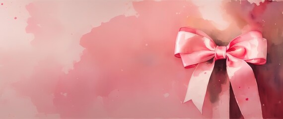 Watercolor greeting card in pink tones, bow and ribbon, invitation card design, Generative AI.