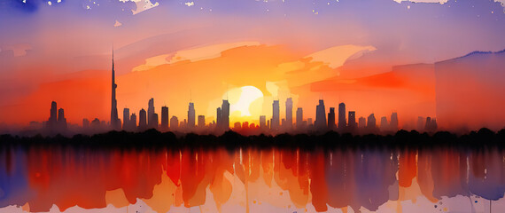 Obraz premium Panorama of dubai at sunset in the evening, Generative AI.