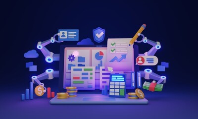 Accounting automation and automatic finance software 3D illustration concept. Company financial work optimization with effective AI tools for audit, payments and business analysis. Machine for data.