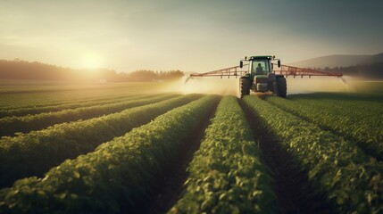 Fototapeta premium Tractor Spraying Pesticides on Green Soybean Plantation at Sunset. Generative AI