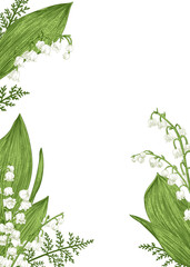 Obraz premium Vintage wedding card with spring flowers. Lilies of the valley and fern. Botanical illustration. Greenery.