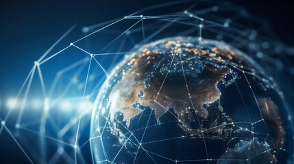 Naklejka na ściany i meble Global world network and telecommunication on earth. Communication technology for internet business. Generative AI