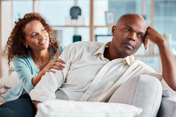 Comfort, fight and couple on sofa for marriage problems, frustrated and depression in living room....