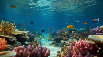 Fototapeta na wymiar Under Water Scene With Coral Reef And Exotic, Fishes tropical And Sunshine ,Generative AI, illustration