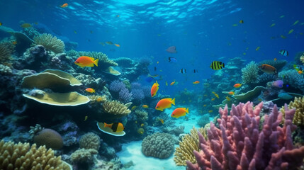 Fototapeta premium Under Water Scene With Coral Reef And Exotic, Fishes tropical And Sunshine ,Generative AI, illustration