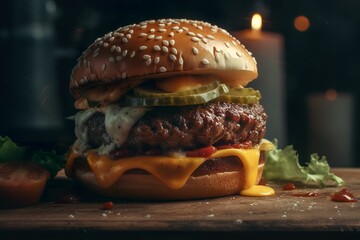 Beef Cheese Burger on wooden table. AI Generative