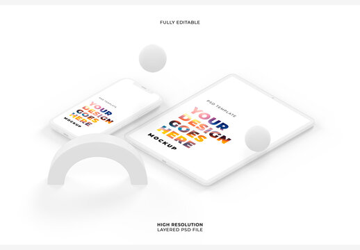 Isometric View of White Smartphone and Tablet with Floating Objects Mockup