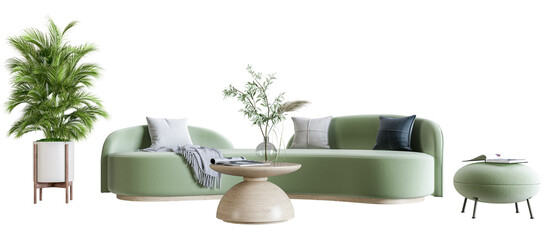 Interior modern living room has green sofa in 3d rendering. 
