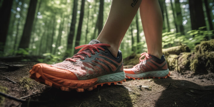 Lady trail runner standing on forest path with close up of trail running shoes. Generative AI