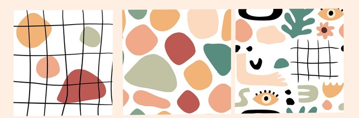 Fototapeta premium Set of three seamless patterns. Hand drawn various shapes and doodle objects. Abstract contemporary modern trendy illustration. Stamp texture. 