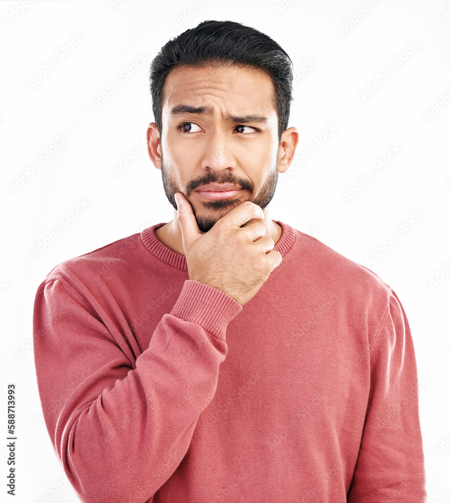 Aufkleber confused man, thinking and why face in studio, white background and doubt of ideas, planning and que