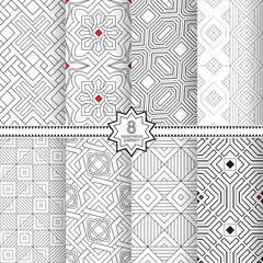 A set of vector seamless patterns. Modern geometric textures. Monochrome, linear.