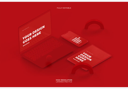 Red Smartphone and Laptop and Tablet Mockups on Isometric View Red Background
