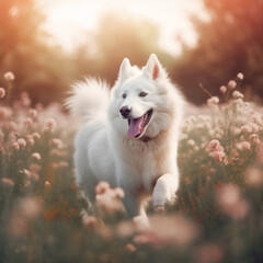 Naklejka premium chien blanc qui cours dan sun champ fleuri 