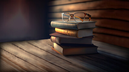 3D Render of Light Effect Brown Wooden Background With Eyeglasses And History Books. - obrazy, fototapety, plakaty