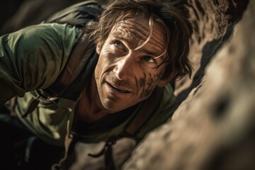 Obraz premium A stunning close-up portrait of a brave male climber scaling a steep rock face. Capturing the exhilaration, joy, difficulty and danger of the ascent. Created with generative A.I. technology.