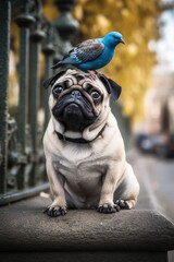 Playful photography of a surprised pug sitting on a sidewalk with a blue bird perched on its head, capturing the joy and humor of the unexpected moment. Created with generative A.I. technology.