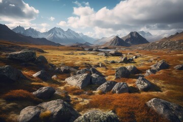 Stunning beauty of the artificial Tundra landscape. Ice, snow, rocks, and sparse vegetation leading into a vast expanse of flat mountainous terrain. Created with generative A.I. technology.