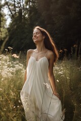 Portrait of a young woman in her twenties standing in a wild, overgrown meadow wearing a shoulder-free wedding dress, radiating joy and positive energy.", created with generative A.I. technology.