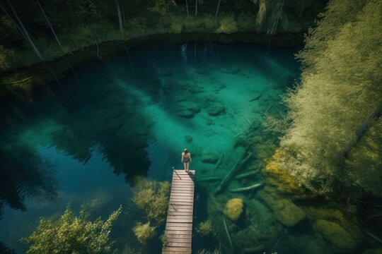 Breathtaking aerial view of a woman standing on a small landing stage in a crystal-clear lake surrounded by a dense forest. Created with generative A.I. technology.