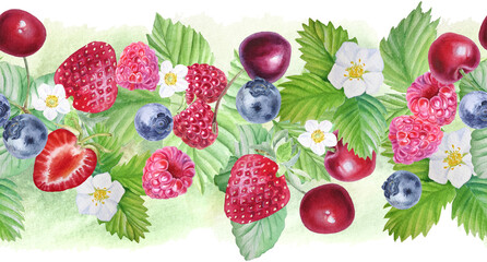Watercolor seamless border with leaves and juicy berries