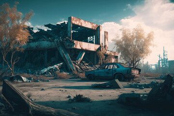 Post-apocalypse: The End of the World. Rusty car and terribly ruined landscape | Generative AI Production