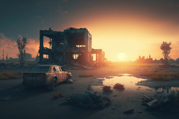 Post-apocalypse: The End of the World. Rusty car and terribly ruined landscape | Generative AI Production