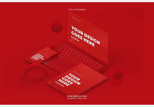 Isometric Red Smartphone and Tablet and Laptop on Red Background