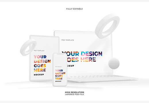 White Laptop with Smartphone and Tablet Mockups on Light Background with Floating Geometry Circles
