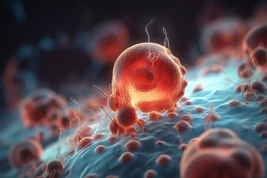 Microscopic view of colorful 3D illustration of damaged cells undergoing apoptosis
