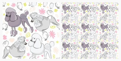 Spring pattern with spirals, leaf, flowers, Poodle dogs. Pastel colors. Elegant, soft seamless background, abstract summer pattern with hand-drawn colorful shapes. Delicate, gender-neutral, child's