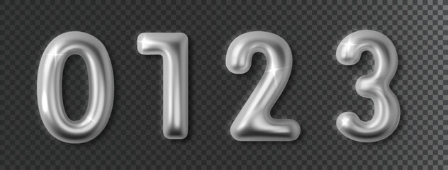 Silver chrome numbers set 3d realistic. Metal glossy font number 1,2,3,0. Decoration for banner, cover, birthday or anniversary party invitation design.