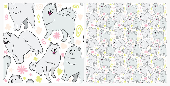 Spring pattern with spirals, leaf, flowers, Samoyed dogs. Pastel colors. Elegant, soft seamless background, abstract summer pattern with hand-drawn colorful shapes. Delicate, gender-neutral, child's.