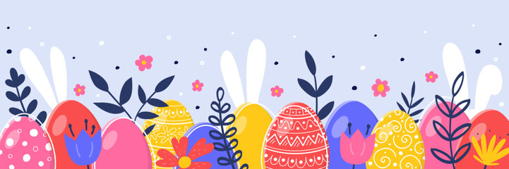 Colourful banner with Easter eggs, bunnies and flowers. Cartoon style Easter design. Vector illustration