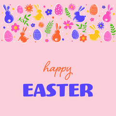 Easter greeting card with coloured eggs, bunnies and flowers. Easter decoration. Vector illustration
