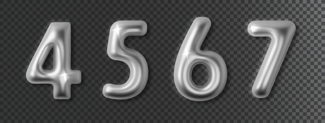 Silver chrome numbers set 3d realistic. Metal glossy font number 4, 5, 6, 7. Decoration for banner, cover, birthday or anniversary party invitation design.