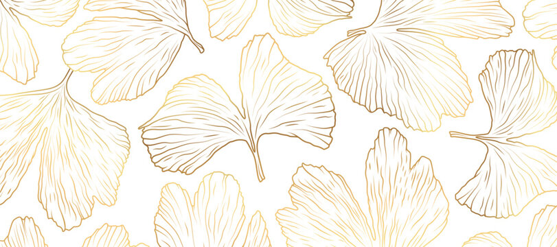 Golden Ginkgo Biloba leaves on white background. Luxury Floral art deco. Gold natural design for 
bunner, card, poster.