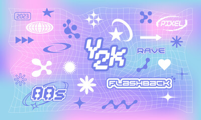 Set with different Y2k elements for design.Trendy geometric brutalism forms, memphis elements. Simple shapes forms, symbols and frames y2k style.
