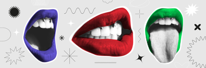 Contemporary art collage with female open mouth. Female halftone lips with tongue and piercing. Trendy vector pieces. Creative collage in Y2K style for social media, card, print on clothes. 