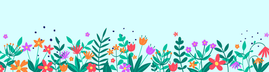 Fototapeta na wymiar Spring background. Floral banner with colourful blooming flower and leaves. Panoramic header. Vector illustration
