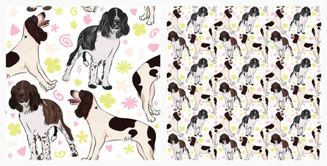 Spring pattern with spirals, leaf, flowers, Springer Spaniel dogs. Pastel colors. Elegant, soft seamless background, abstract summer pattern with hand-drawn colorful shapes. Delicate, gender-neutral.