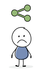 Sad cartoon caricature with share - social media icon. Business concept. Vector