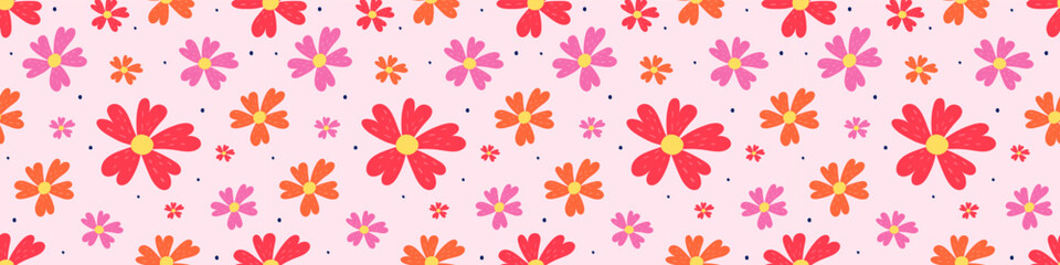 Floral seamless pattern. Spring background with colourful hand drawn flowers. Banner. Vector illustration.