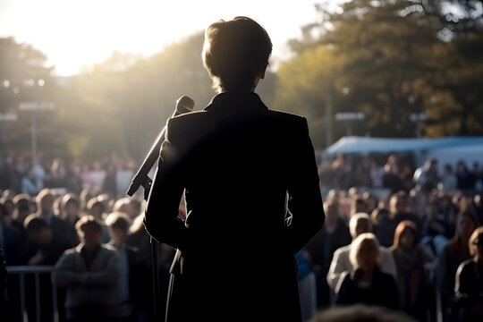 Back view of female politician in black suit standing on stage facing an audience of hundreds. generated AI