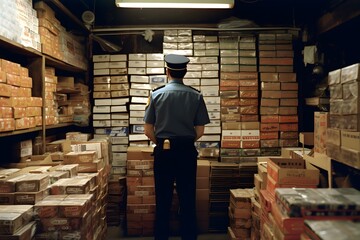 Counterfeit goods in boxes in police warehouse. Confiscated couterfeit goods. Police Officer looking at boxes. Generative Ai.